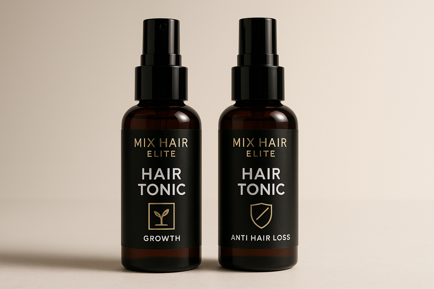 Crie uma imagem para tonicos capilares mix hair elite . uma garrafa com simbolo de crescimento e outra com simbolo de anti queda